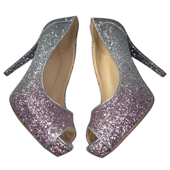 Marc Fisher Harpyly Heels Pumps Sz 9.5 Silver Pink Peep Toe Sparkle Glitter - Picture 5 of 16